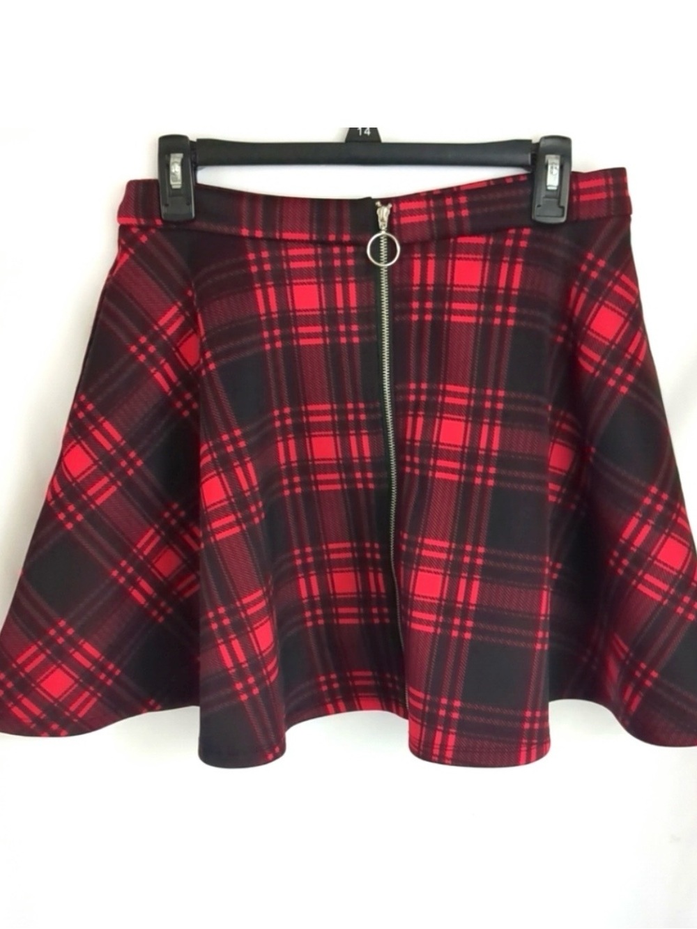 Hot Topic Red Black Plaid O-ring Zipper Mini Skirt with Pockets Womens Size M